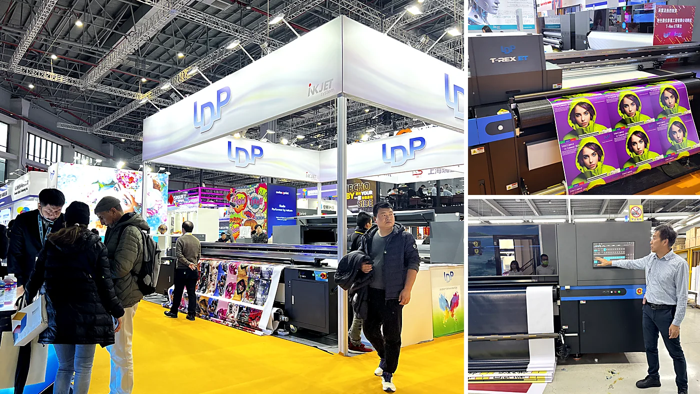 The LDP stand at APPPEXPO Shanghai, a T-REX ET printing, and an operator at the console